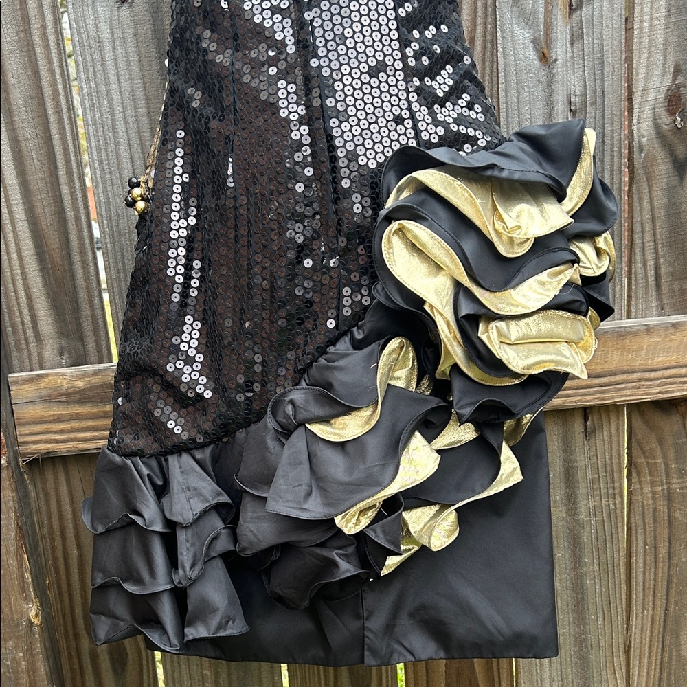 Vintage 1991 Alyce Designs Black and Gold Sequin Prom Dress with Ruffles - Picture 11 of 16